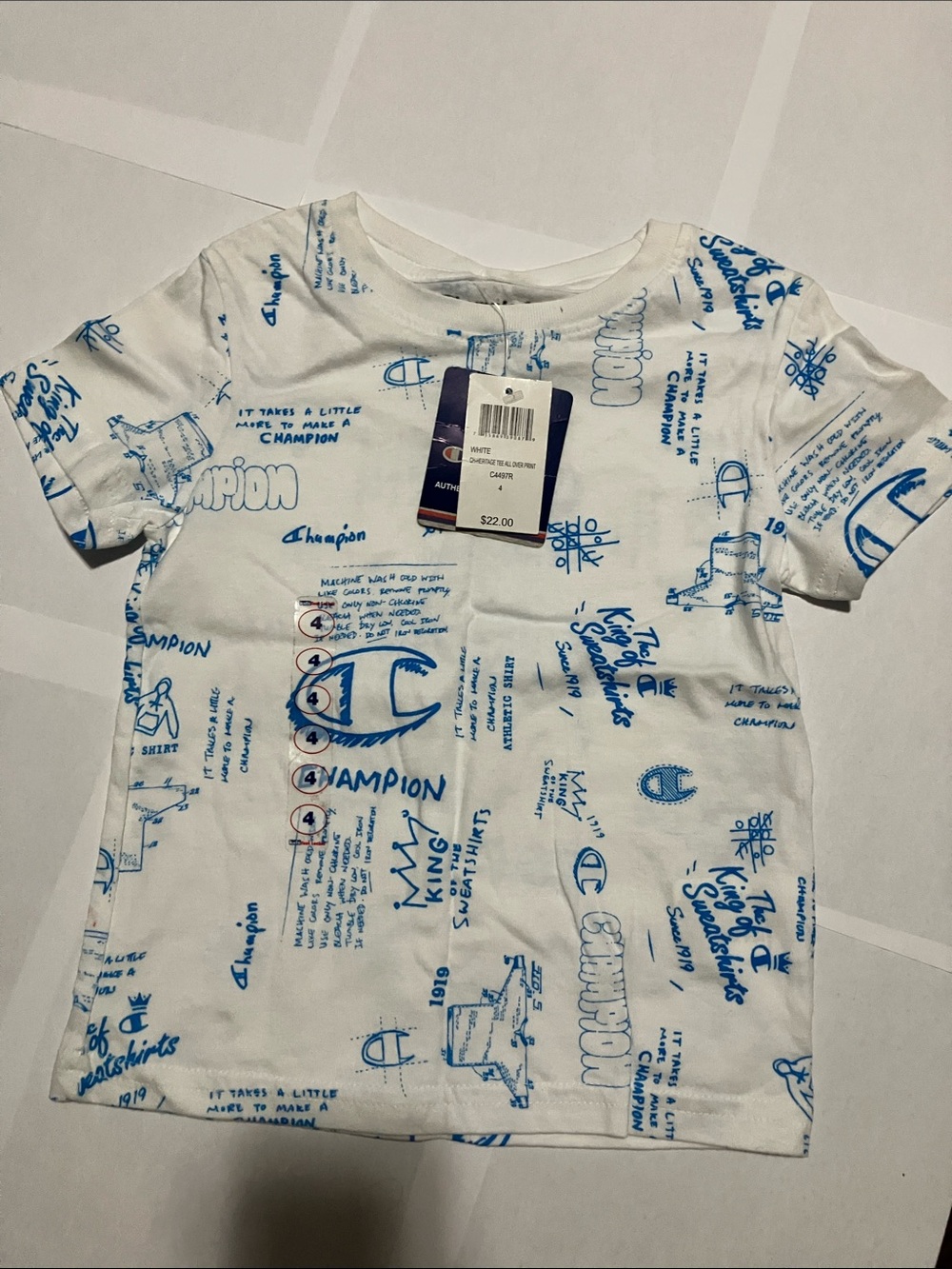 Champion White Tee with Blue Logo Sketches